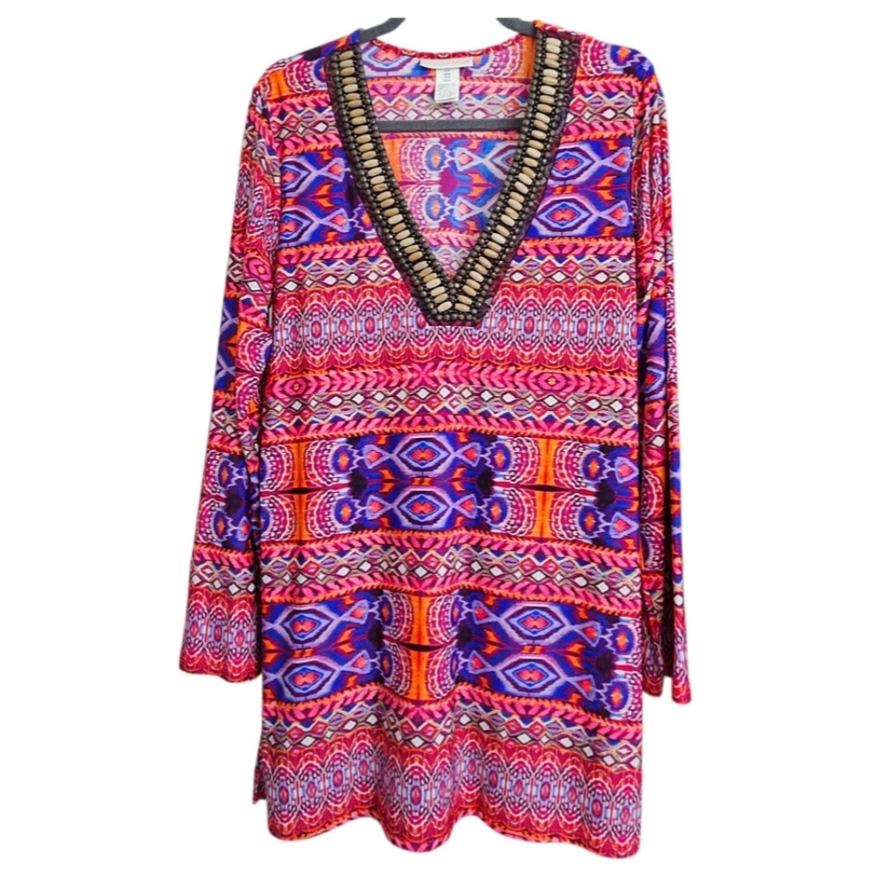 La Blanca V Neck Beaded Vibrant Geometric Swim Cover Up Side Slits Size Medium
